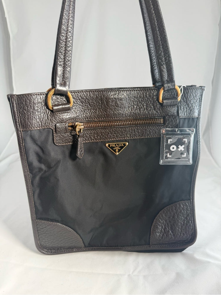 Prada Black Nylon and Brown Leather Shoulder Bag