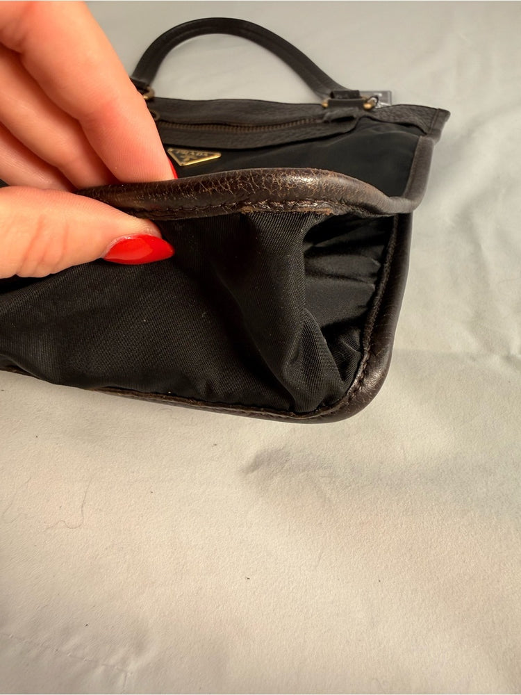 Prada Black Nylon and Brown Leather Shoulder Bag