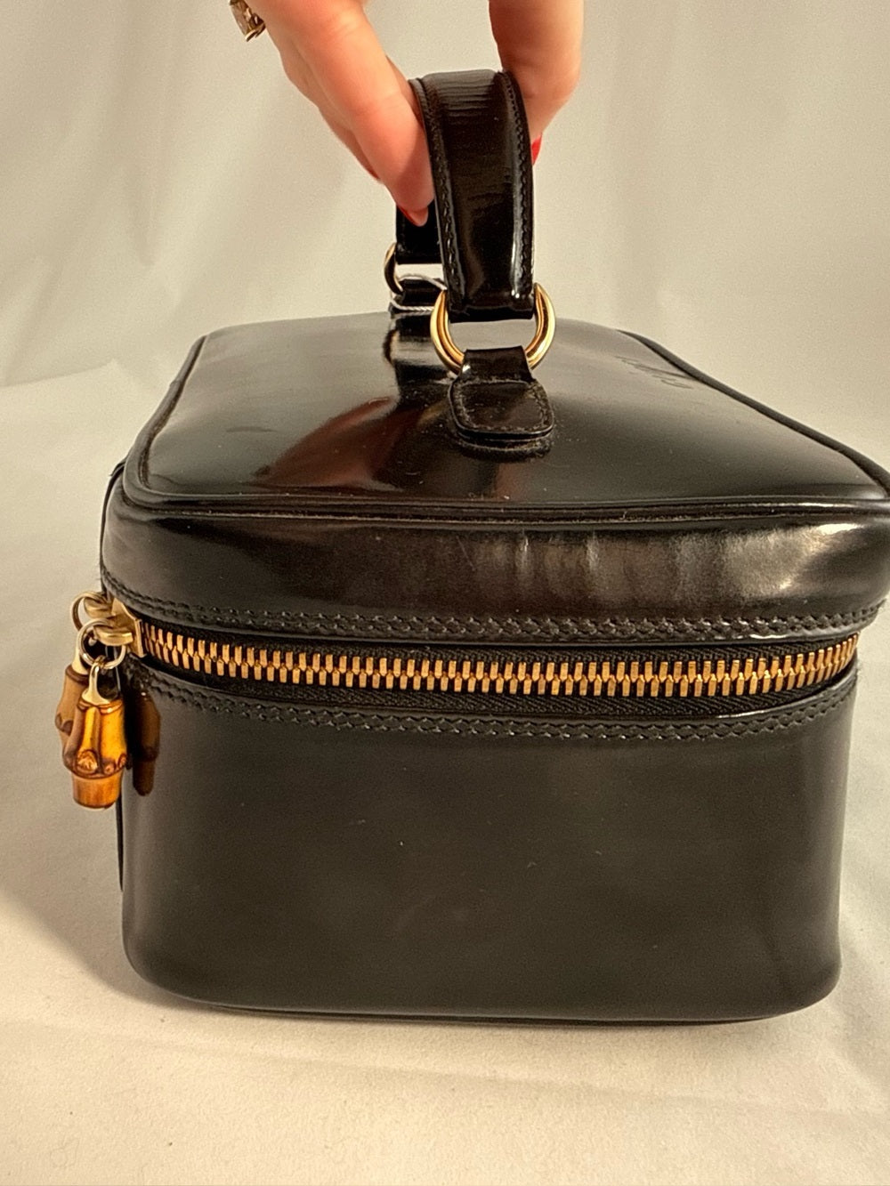 Gucci Vintage Black Patent Leather Bamboo Cosmetic Case