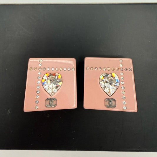 CHANEL Pink and Silver Heart Clip-On Earrings