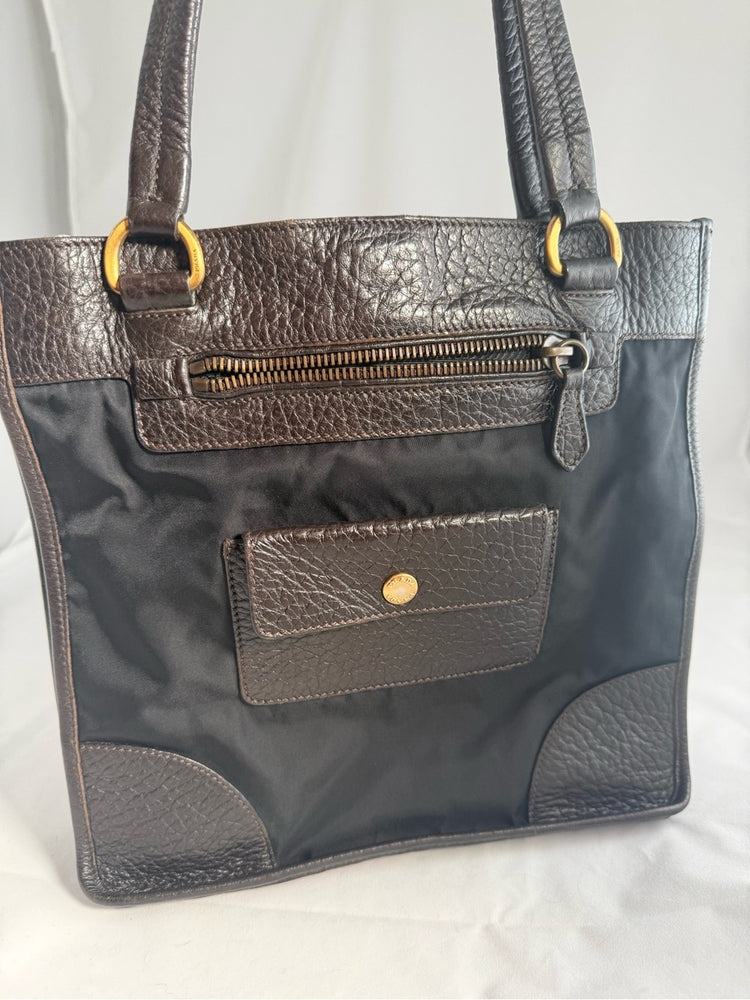 Prada Black Nylon and Brown Leather Shoulder Bag