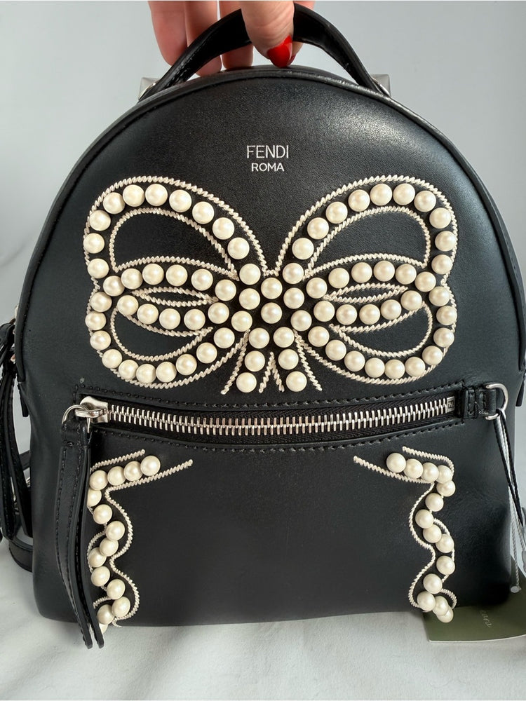 Fendi Mini By The Way Leather Backpack with Pearl Bow Detail