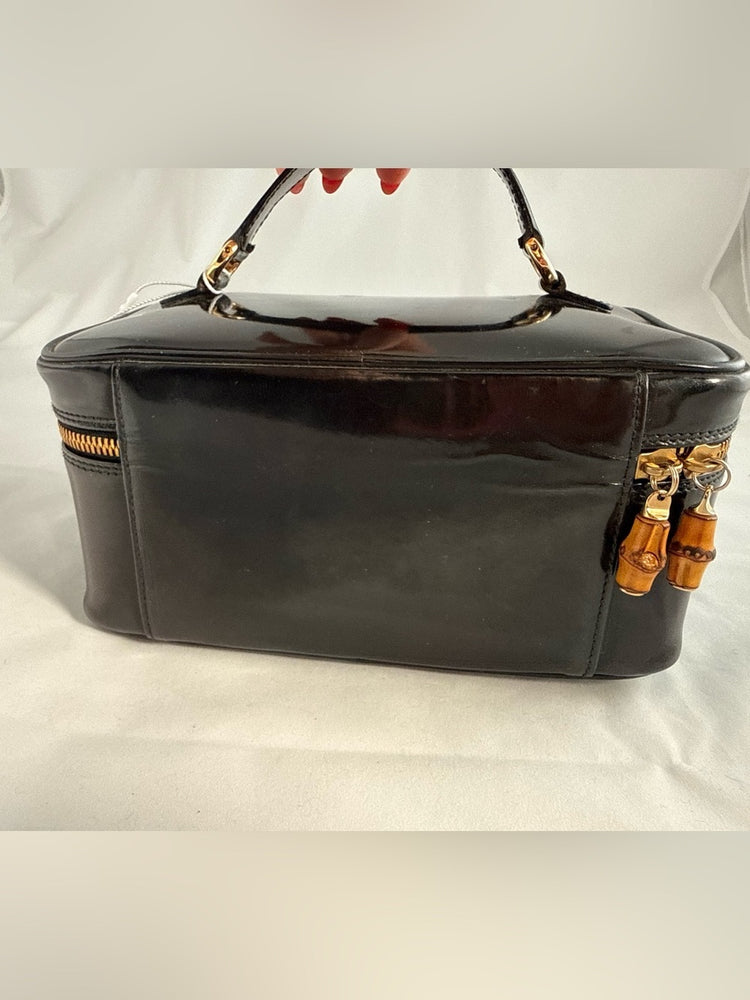 Gucci Vintage Black Patent Leather Bamboo Cosmetic Case