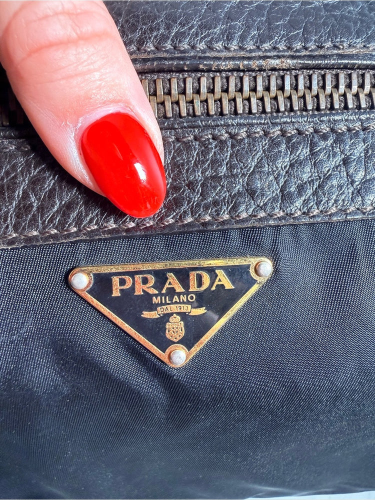 Prada Black Nylon and Brown Leather Shoulder Bag